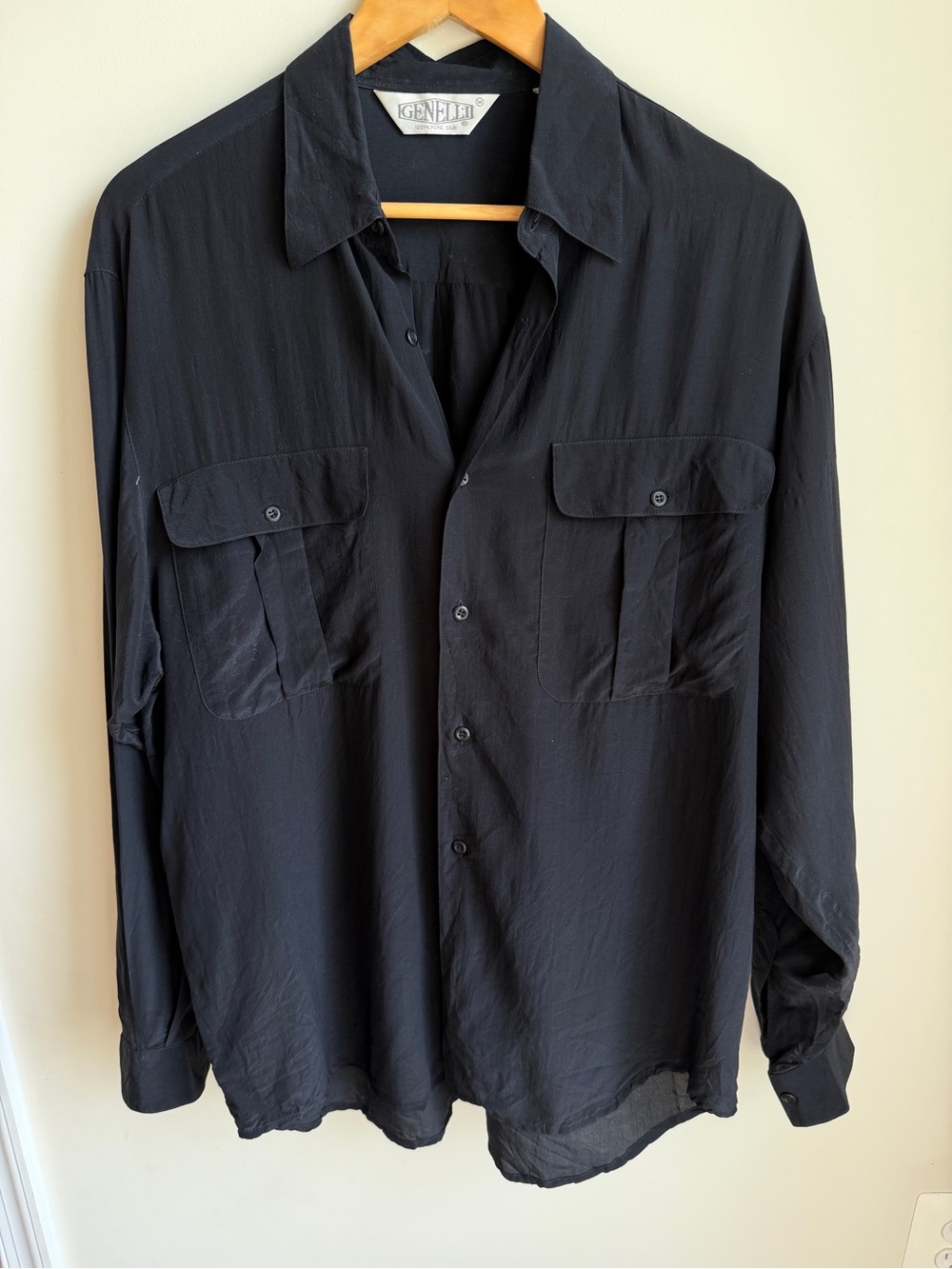 Genelli 100% Silk Button Down Safari Shirt Mens Oversized M Black